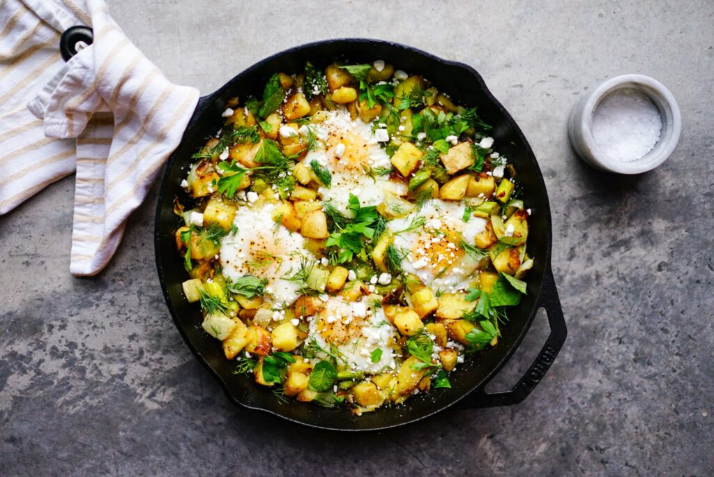Potato, egg, and herb skillet_high protein breakfast ideas